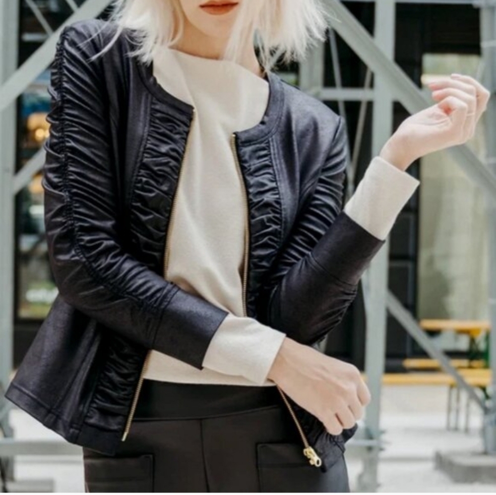 Clara SunWoo Black Faux Liquid Leather Ruched Zip Up Women's Jacket Size L